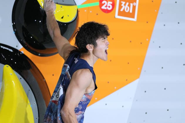 (260930) -- NAGOYA, Sept. 30, 2026 -- Anraku Sorato of Japan celebrates during the men s boulder final of climbing at the 20th Asian Games Aichi-Nagoya 2026 in Nagoya, Japan, Sept. 30, 2026. ) (SP)JAPAN-NAGOYA-ASIAN GAMES-SPORT CLIMBING-MEN-BOULDER-FINAL LuoxYuan 