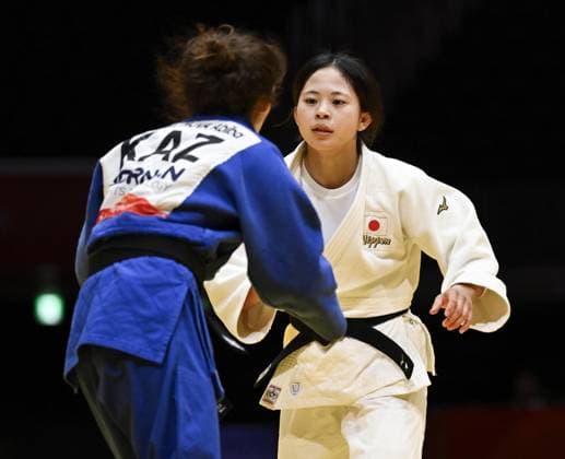 Aichi-Nagoya Asian Games: Judo Japan s Mitsuki Kondo (white) competes against Abiba Abuzhakynova of Kazakhstan in the Aichi-Nagoya Asian Games women s judo 48-kilogram final at Aichi International Arena in Nagoya, central Japan, on Sept. 30, 2026.  A14AA0005629479P