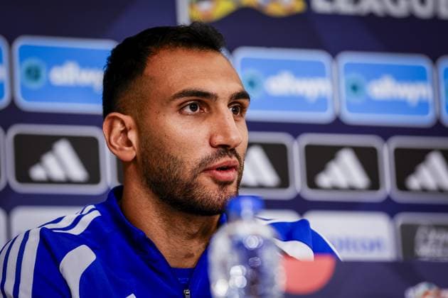 THESSALONIKI , 30-09-2026 , Toumba Stadium , season 2026 2027 , UEFA Nations League football , Picture shows Greece player Vangelis Pavlidis during the press conference, PK, Pressekonferenz and training Press conference Greece and training in Thessaloniki  x207757417x Copyright: