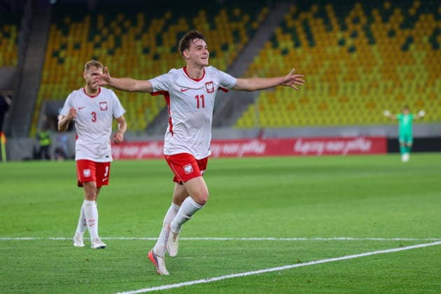 Katowice 30.09.2026. Football European Qualifiers match between Poland U21, U 21 and Sweden U21 in Katowice, Poland --- Mecz eliminacji do Mistrzostw Europy pomiedzy Polska U21 a Szwecja U21 w Katowicach, Polska Persons Shown : Bartosz Mazurek celebration radosc Fot. Michal Gaciarz Arena Akcji NEWSPIX.PL --- newspix.pl 