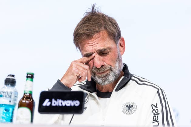 MUNICH, GERMANY - SEPTEMBER 30: Juergen Klopp (Head Coach Germany) rubbing his eye during the pressconference before the UEFA Nations League match between Germany vs. Serbia at Allianz Arena on matchday 3 of the UEFA Nations League on September 30, 2026 in Munich, Germany. Bavaria Germany Copyright: xSteffiexWunderlx