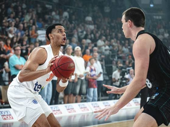 Jaylen Sims (ratiopharm ulm) and Alexander Ducas (Balkan Botevgrad) battle for the ball during the BKT EuroCup 2026 2027 match between ratiopharm ulm and Balkan Botevgrad at ratiopharm Arena on September 30, 2026 in Neu Ulm, Germany. (Photo by Harry Langer DeFodi Images) -