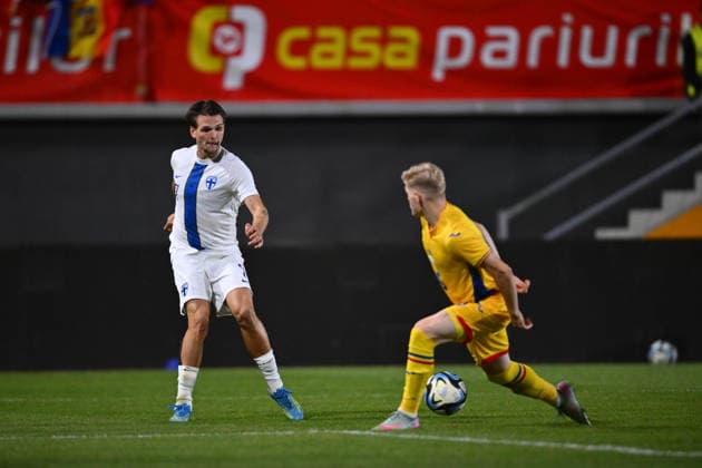Romania v Finland, U21, U 21 Juho Talvitie plays during the European Under-21 Championship 2027, Qualifying round game between Romania and Finland at Eugen Popescu stadium in Targoviste, Romania, 30 September 2026. ALEX NICODIM Imago Images Copyright: xAlexxNicodimx