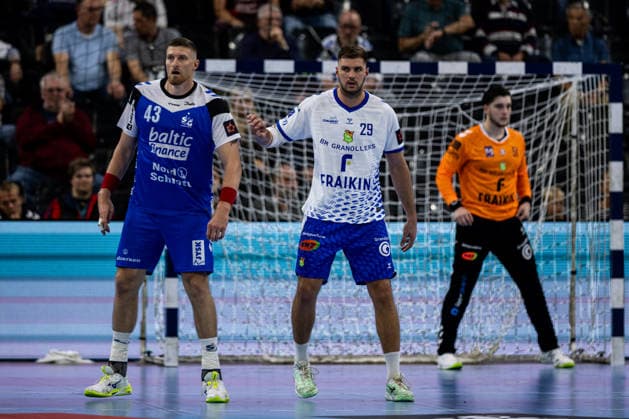 FLENSBURG, GERMANY - SEPTEMBER 30: Blaz Blagotinsek (SG Flensburg-Handewitt, 43) against Guillermo JosÃ Fischer (Fraikin BM. Granollers, 29) during the EHF European League match between SG Flensburg-Handewitt vs Fraikin BM. Granollers at GGW Arena on matchday 1 of the Group Matches Group E on September 30, 2026 in Flensburg, Germany. Schleswig-Holstein Germany Copyright: xMarioxM.xKobergx