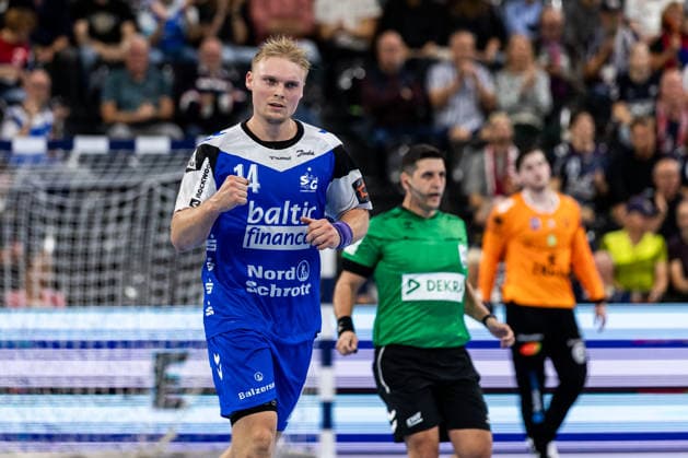 FLENSBURG, GERMANY - SEPTEMBER 30: celebration goal celebration Emil Siersbaek Bergholt (SG Flensburg-Handewitt, 14) during the EHF European League match between SG Flensburg-Handewitt vs Fraikin BM. Granollers at GGW Arena on matchday 1 of the Group Matches Group E on September 30, 2026 in Flensburg, Germany. Schleswig-Holstein Germany Copyright: xMarioxM.xKobergx