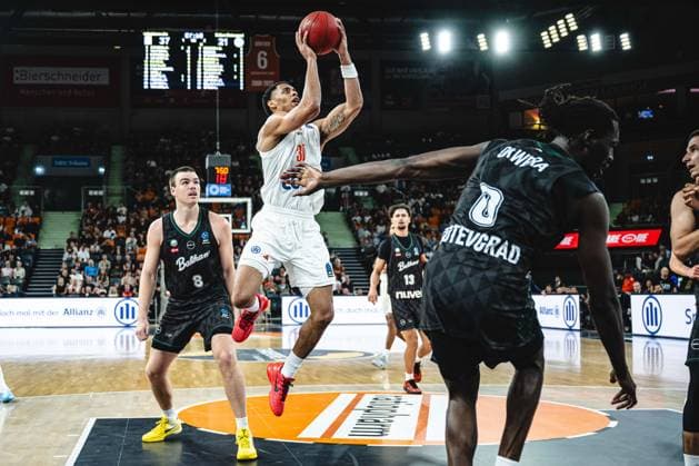 Alexander Ducas (Balkan Botevgrad), Jaylen Sims (ratiopharm ulm) and Wena David Okwera (Balkan Botevgrad) battle for the ball during the BKT EuroCup 2026 2027 match between ratiopharm ulm and Balkan Botevgrad at ratiopharm Arena on September 30, 2026 in Neu Ulm, Germany. (Photo by Harry Langer DeFodi Images) -