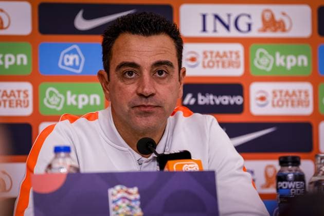 THESSALONIKI , 30-09-2026 , Toumba Stadium , season 2026 2027 , UEFA Nations League football , Picture shows Netherlands trainer coach Xavi Hernandez during the press conference, PK, Pressekonferenz md-1 Press conference Netherlands in Thessaloniki  x207759735x Copyright: