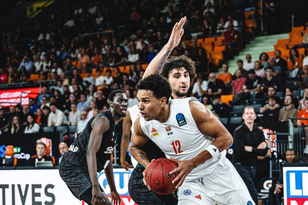 Ivan Spirov (Balkan Botevgrad) and Michael Rataj (ratiopharm ulm) battle for the ball during the BKT EuroCup 2026 2027 match between ratiopharm ulm and Balkan Botevgrad at ratiopharm Arena on September 30, 2026 in Neu Ulm, Germany. (Photo by Harry Langer DeFodi Images) -