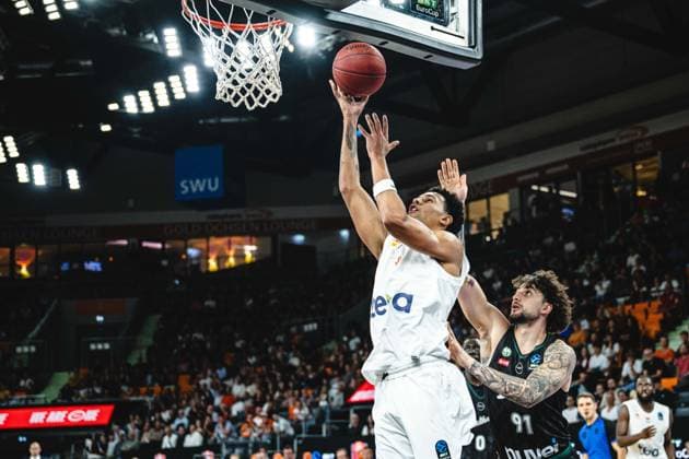 Michael Rataj (ratiopharm ulm) and Ivan Spirov (Balkan Botevgrad) battle for the ball during the BKT EuroCup 2026 2027 match between ratiopharm ulm and Balkan Botevgrad at ratiopharm Arena on September 30, 2026 in Neu Ulm, Germany. (Photo by Harry Langer DeFodi Images) -