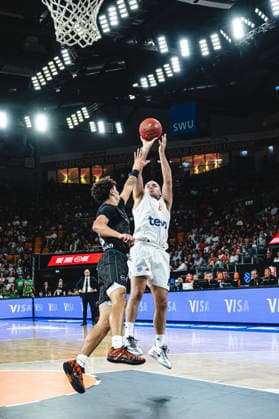 Javante McCoy (Balkan Botevgrad) and Devin Schmidt (ratiopharm ulm) battle for the ball during the BKT EuroCup 2026 2027 match between ratiopharm ulm and Balkan Botevgrad at ratiopharm Arena on September 30, 2026 in Neu Ulm, Germany. (Photo by Harry Langer DeFodi Images) -