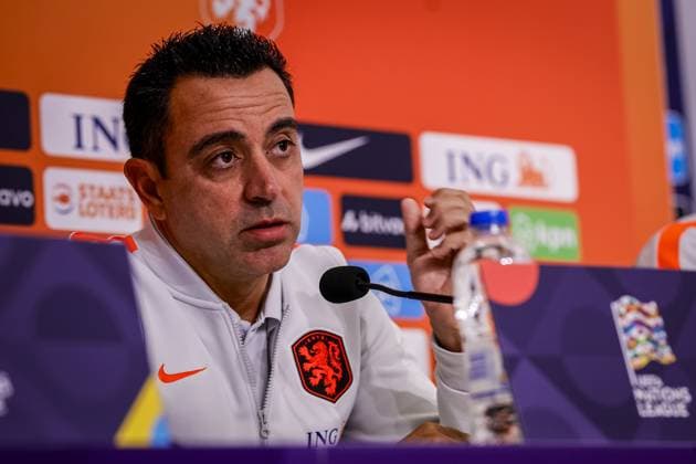 THESSALONIKI , 30-09-2026 , Toumba Stadium , season 2026 2027 , UEFA Nations League football , Picture shows Netherlands trainer coach Xavi Hernandez during the press conference, PK, Pressekonferenz md-1 Press conference Netherlands in Thessaloniki  x207759912x Copyright: