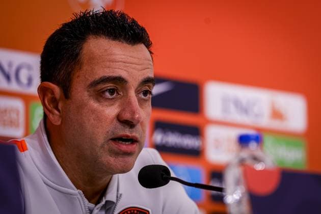 THESSALONIKI , 30-09-2026 , Toumba Stadium , season 2026 2027 , UEFA Nations League football , Picture shows Netherlands trainer coach Xavi Hernandez during the press conference, PK, Pressekonferenz md-1 Press conference Netherlands in Thessaloniki  x207759918x Copyright: