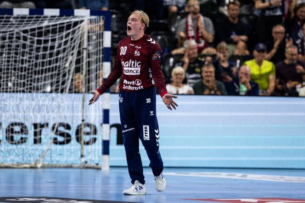FLENSBURG, GERMANY - SEPTEMBER 30: goalie celebration joy after saved ball Simon Möller (SG Flensburg-Handewitt, 30) during the EHF European League match between SG Flensburg-Handewitt vs Fraikin BM. Granollers at GGW Arena on matchday 1 of the Group Matches Group E on September 30, 2026 in Flensburg, Germany. Schleswig-Holstein Germany Copyright: xMarioxM.xKobergx