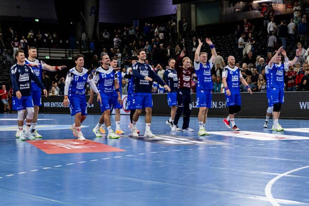 FLENSBURG, GERMANY - SEPTEMBER 30: celebration after victory SG Flensburg-Handewitt during the EHF European League match between SG Flensburg-Handewitt vs Fraikin BM. Granollers at GGW Arena on matchday 1 of the Group Matches Group E on September 30, 2026 in Flensburg, Germany. Schleswig-Holstein Germany Copyright: xMarioxM.xKobergx