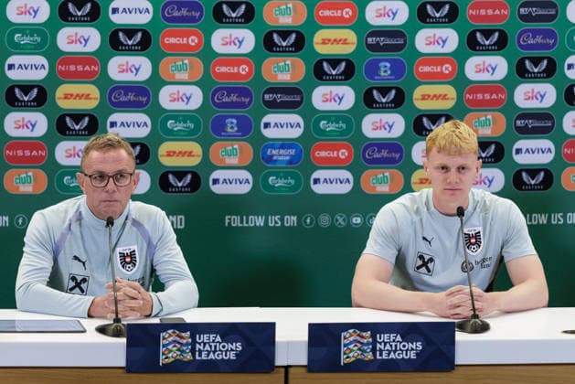 SOCCER - NL, IRL vs AUT DUBLIN,IRELAND,30.SEP.26 - SOCCER - UEFA Nations League, OEFB international match, Länderspiel, Nationalmannschaft Ireland vs Austria, preview, press conference, PK, Pressekonferenz team AUT. Image shows head coach Ralf Rangnick and Nicolas Seiwald (AUT). GEPAxpictures xArminxRauthner