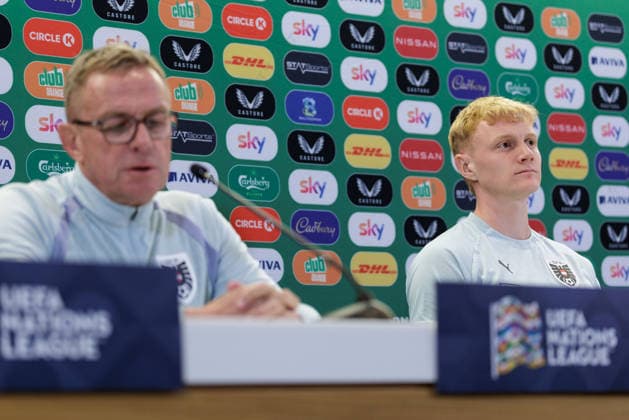 SOCCER - NL, IRL vs AUT DUBLIN,IRELAND,30.SEP.26 - SOCCER - UEFA Nations League, OEFB international match, Länderspiel, Nationalmannschaft Ireland vs Austria, preview, press conference, PK, Pressekonferenz team AUT. Image shows head coach Ralf Rangnick and Nicolas Seiwald (AUT). GEPAxpictures xArminxRauthner