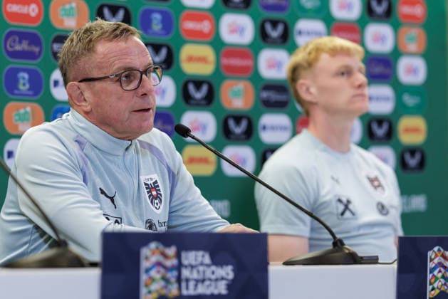 SOCCER - NL, IRL vs AUT DUBLIN,IRELAND,30.SEP.26 - SOCCER - UEFA Nations League, OEFB international match, Länderspiel, Nationalmannschaft Ireland vs Austria, preview, press conference, PK, Pressekonferenz team AUT. Image shows head coach Ralf Rangnick and Nicolas Seiwald (AUT). GEPAxpictures xArminxRauthner