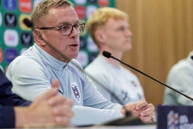 SOCCER - NL, IRL vs AUT DUBLIN,IRELAND,30.SEP.26 - SOCCER - UEFA Nations League, OEFB international match, Länderspiel, Nationalmannschaft Ireland vs Austria, preview, press conference, PK, Pressekonferenz team AUT. Image shows head coach Ralf Rangnick and Nicolas Seiwald (AUT). GEPAxpictures xArminxRauthner
