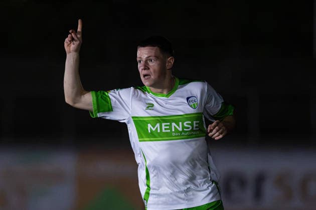2026.09.30, xkwix, Fußball, Krombacher Westfalenpokal, SC Herford - FC Gütersloh, Ludwig-Jahn-Stadion, Achtelfinale, Saison 2026 2027: Torjubel von Justin Lukas (FC Gütersloh 22) beim Tor zum 0:3 DFB regulations prohibit any use of photographs as image sequences and or quasi-video. Photo: xKamilxWilkowskixPressefotoKochx Nordrhein-Westfalen Deutschland