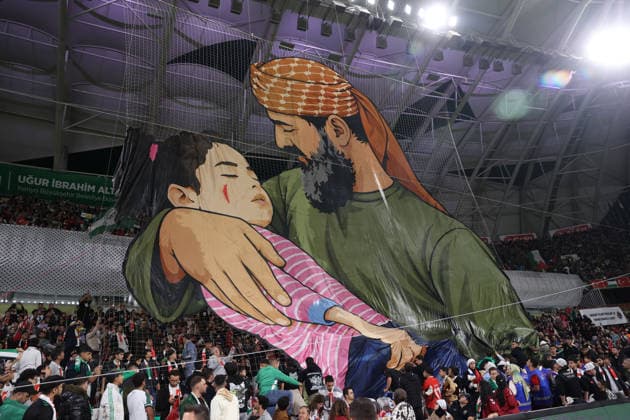 Konyaspor v Palestine - Friendly KONYA, TURKIYE - SEPTEMBER 30: Spectators perform a tifo choreography in the stands prior to a friendly match between Konyaspor and the Palestine National Football Team as part of Palestine Day events at Konya Metropolitan Municipality Stadium in Konya, Turkiye on September 30, 2026. Serhat Çetinkaya Anadolu Konya Turkey. Editorial use only. Please get in touch for any other usage.  Copyright: x2026xAnadoluxSerhatxÃ‡etinkayax