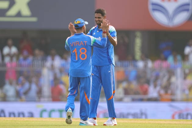 India v West Indies - ODI Series 2026 Gurnoor Brar of India celebrates with Virat Kohli of India the wicket after the dismissal of John Campbell of West Indies during the 2nd one day international (ODI) cricket match between India and West Indies at Barsapara Cricket Stadium in Guwahati, India, on September 30, 2026. Guwahati Assam India  Copyright: xShubhajitxRoyxKarmakarx originalFilename:roykarmakar-2ndodicr260930_npFLw.jpg