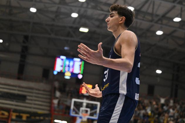 IPA89155929 - Guglielmo Caruso of Napoli Basketball celebrates after scoring during the game against Cosea JL Bourg-en-Bresse in the EuroCup basketball match between Napoli Basketball and Cosea JL Bourg-en-Bresse in Naples, Italy, on September 30, 2026  Copyright: xEnzoxPinelli IPAxSportx xx IPA89155929