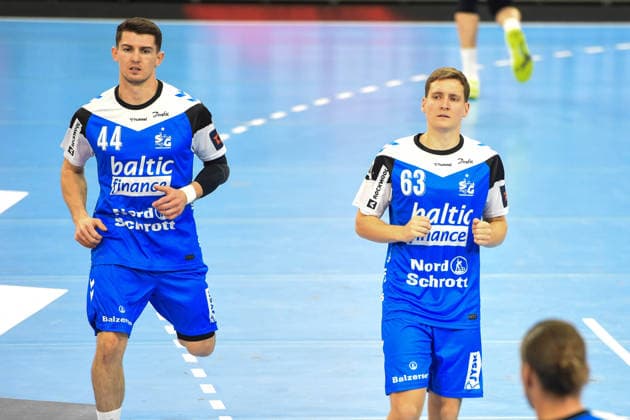 Handball I Herren I Saison 2026-2027 I EHF European League I 1. Spieltag I SG Flensburg-Handewitt - Fraikin BM Granollers I 30.09.2026 von links Aymeric Minne (44, SG Flensburg-Handewitt), Domen Novak (63, SG Flensburg-Handewitt) Copyright: xLobeca JanxKirschnerx