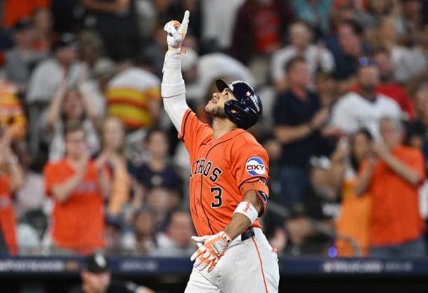 Houston Astros Jeremy Pena (3) celebrates after hitting a solo home run against the Chicago White Sox in the first inning of an MLB, Baseball Herren, USA American League Wild Card game at Daikin Park in Houston, Texas, on Wednesday, September 30, 2026.  HOU20260930716 MARIAxLYSAKER