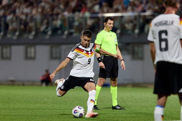 Nicolo Tresoldi of Germany takes a free-kick to score the 1-4 goal during the UEFA Under-21 Championship 2027, qualifying round Group F match between Malta and Germany at the Centenary Stadium, in Ta Qali, Malta, on 30 September, 2026. UEFA Under 21 Championship 2027 Qualifying; Under 21 Qualifying;