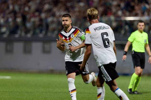 Nicolo Tresoldi of Germany reacts in celebration after scoring the 1-4 goal during the UEFA Under-21 Championship 2027, qualifying round Group F match between Malta and Germany at the Centenary Stadium, in Ta Qali, Malta, on 30 September, 2026. UEFA Under 21 Championship 2027 Qualifying; Under 21 Qualifying;