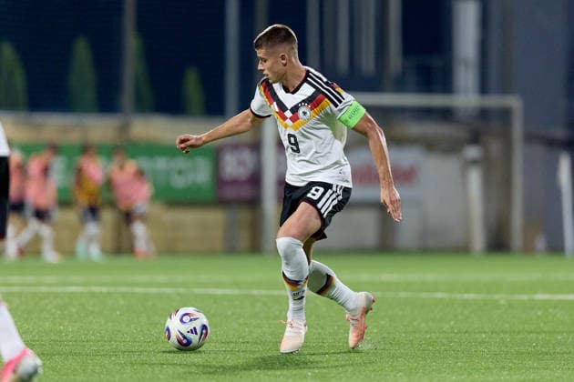 Nicolo Tresoldi of Germany is in action during the UEFA Under-21 Championship 2027, qualifying round Group F match between Malta and Germany at the Centenary Stadium, in Ta Qali, Malta, on 30 September, 2026. UEFA Under 21 Championship 2027 Qualifying; Under 21 Qualifying;