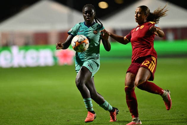 SOCCER - Women s Champions League - AS Roma vs. FC Barcelona, Barca Photo by IPA ABACAPRESS.COM89157794 - Aicha Camara of F.C. Barcelona and Ella Grace Ottey of A.S. Roma Femminile are in action during Matchday 2 of the 2026 27 UEFA Women s Champions League group stage, a soccer match between A.S. Roma and F.C. Barcelona at Tre Fontane Stadium on September 30, 2026, in Rome, Italy. Rome Italy  Copyright: xIPAxSport ABACAx