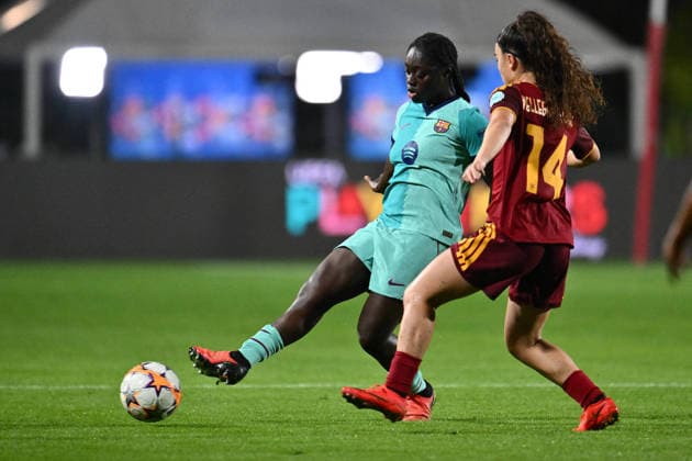 SOCCER - Women s Champions League - AS Roma vs. FC Barcelona, Barca Photo by IPA ABACAPRESS.COM89157770 - Aicha Camara of F.C. Barcelona and Giada Pellegrino Cimo of A.S. Roma Femminile are in action during Matchday 2 of the 2026 27 UEFA Women s Champions League group stage, a soccer match between A.S. Roma and F.C. Barcelona at Tre Fontane Stadium on September 30, 2026, in Rome, Italy. Rome Italy  Copyright: xIPAxSport ABACAx