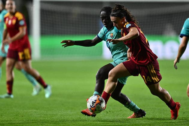 SOCCER - Women s Champions League - AS Roma vs. FC Barcelona, Barca Photo by IPA ABACAPRESS.COM89157760 - Aicha Camara of F.C. Barcelona and Giada Pellegrino Cimo of A.S. Roma Femminile are in action during Matchday 2 of the 2026 27 UEFA Women s Champions League group stage, a soccer match between A.S. Roma and FC Barcelona at the Tre Fontane Stadium on September 30, 2026, in Rome, Italy. Rome Italy  Copyright: xIPAxSport ABACAx