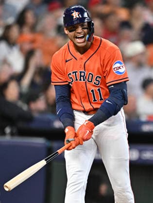 Houston Astros Cam Smith (11) reacts after being hit by a pitch from Chicago White Sox pitcher Huascar Brazoban in the fifth inning of an MLB, Baseball Herren, USA American League Wild Card game at Daikin Park in Houston, Texas, on Wednesday, September 30, 2026.  HOU20260930735 MARIAxLYSAKER