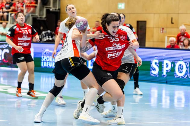 30.09.2026, GER, Handball, Frauen, Saison 2026 2027, DHB-Pokal 2.Runde-Achtelfinale, Thueringer HC - HSG Blomberg-Lippe Karolina Jurenczyk (HSG Blomberg-Lippe), Macela Arounian (Thueringer HC,36), Diana Doegg Magnusdottir (HSG Blomberg-Lippe) 99947 Bad Langensalza Salza Halle Sporthalle Mehrz Thüringen Deutschland
