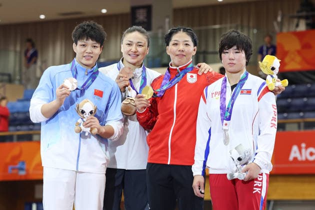 (L-R) LONG Jia (CHN), ZHUMANAZAROVA Meerim (KGZ), Ami Ishii (JPN), PAK Sol Gum (PRK), SEPTEMBER 30, 2026 - Wrestling : Women s Wrestling 68kg Medal Ceremony at Nagoya City Inae Sports Center during the Asian Games Aichi-Nagoya 2026 in Aichi, Japan. Noxthirdxpartyxsales  aflo_352156148 KenichiroxOganex
