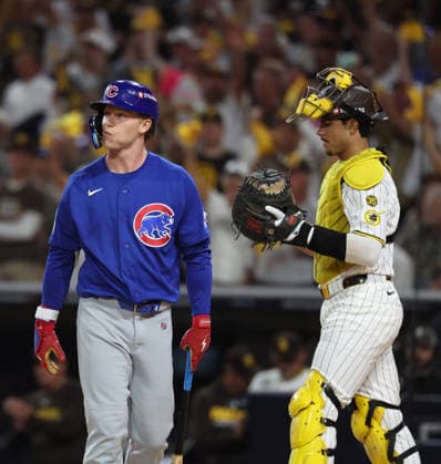 September 30, 2026, San Diego, Ca, USA: The Chicago Cubs Pete Crow-Armstrong, left, strikes out in the first inning against the San Diego Padres during Game 2 of an N.L. Wild Card series at Petco Park on Wednesday, Sept. 30 2026, in San Diego. Sports News - September 30, 2026  - ZUMAm67_ 0868290832st Copyright: xBrianxCassellax