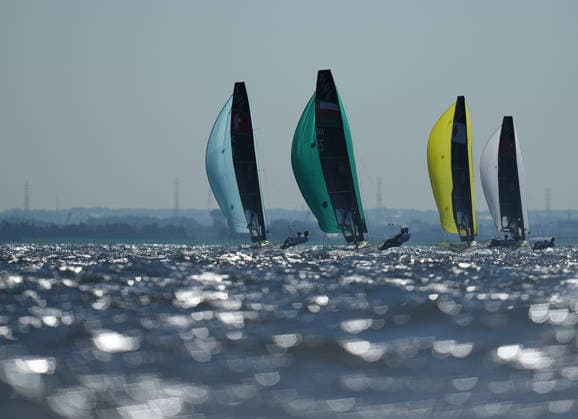 (261001) -- GAMAGORI, Oct. 1, 2026 -- Athletes compete during the men s skiff opening series race 9 of sailing at the 20th Asian Games Aichi-Nagoya 2026 in Gamagori of Aichi Prefecture, Japan, Oct. 1, 2026. ) (SP)JAPAN-GAMAGORI-ASIAN GAMES-SAILING-MEN S SKIFF CheongxKamxKa 