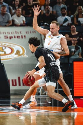 Javante McCoy (Balkan Botevgrad) and Devin Schmidt (ratiopharm ulm) battle for the ball during the BKT EuroCup 2026 2027 match between ratiopharm ulm and Balkan Botevgrad at ratiopharm Arena on September 30, 2026 in Neu Ulm, Germany. (Photo by Harry Langer DeFodi Images) -
