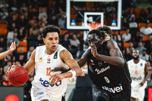 Michael Rataj (ratiopharm ulm) and Wena David Okwera (Balkan Botevgrad) battle for the ball during the BKT EuroCup 2026 2027 match between ratiopharm ulm and Balkan Botevgrad at ratiopharm Arena on September 30, 2026 in Neu Ulm, Germany. (Photo by Harry Langer DeFodi Images) -