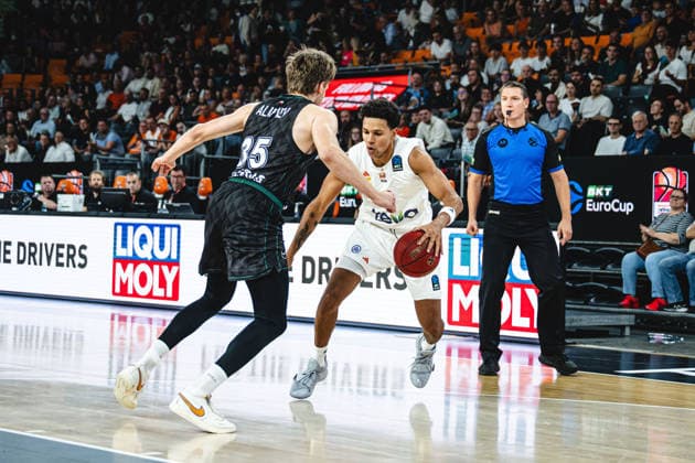 Ivan Alipiev (Balkan Botevgrad) and Michael Rataj (ratiopharm ulm) battle for the ball during the BKT EuroCup 2026 2027 match between ratiopharm ulm and Balkan Botevgrad at ratiopharm Arena on September 30, 2026 in Neu Ulm, Germany. (Photo by Harry Langer DeFodi Images) -
