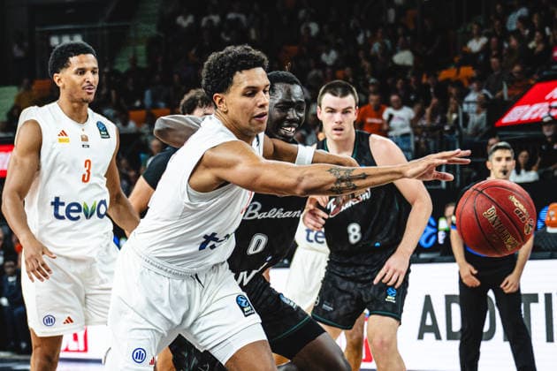 Michael Rataj (ratiopharm ulm) and Wena David Okwera (Balkan Botevgrad) battle for the ball during the BKT EuroCup 2026 2027 match between ratiopharm ulm and Balkan Botevgrad at ratiopharm Arena on September 30, 2026 in Neu Ulm, Germany. (Photo by Harry Langer DeFodi Images) -