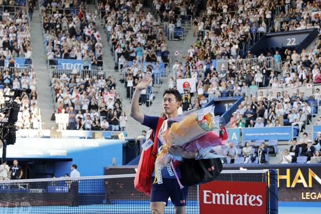 Tennis: Nishikori s final match Japan s former world No. 4 Kei Nishikori leaves the court while waving to the crowd, after losing in the first round of the final tournament of his tennis career at the Japan Open at Ariake Tennis Park in Tokyo on Oct. 1, 2026. The 36-year-old Nishikori, the first Asian male player to reach a Grand Slam singles final at the 2014 U.S. Open, announced in April 2026 that he would retire at the end of the current season.  A14AA0005629615P