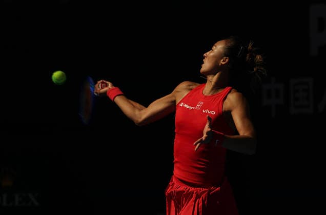 (261001) -- BEIJING, Oct. 1, 2026 -- Zheng Qinwen competes during the women s singles first round match between Zheng Qinwen of China and Shi Han of China at 2026 China Open tennis tournament in Beijing, China, Oct. 1, 2026. ) (SP)CHINA-BEIJING-TENNIS-CHINA OPEN-WOMEN S SINGLES(CN) BaixXuefei 