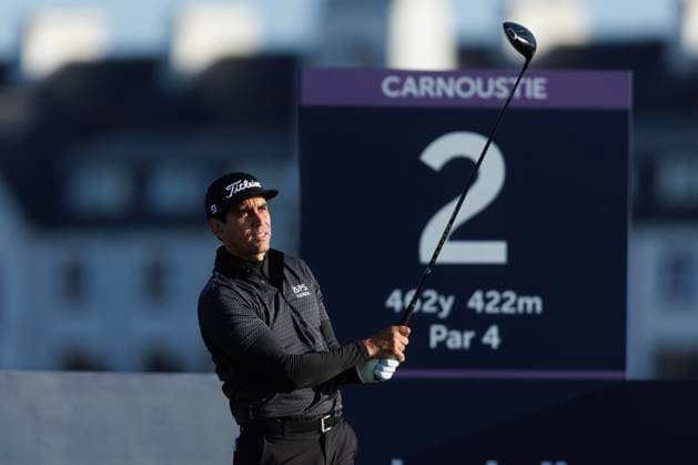 1st October 2026; Carnoustie Golf Links, Carnoustie, Angus, Scotland; DP World Tour Golf, Alfred Dunhill Links Championship, Day 1; Rafa Cabrera Bello of Spain watches the flight of his shot from the tee on the second hole DavidxYoung