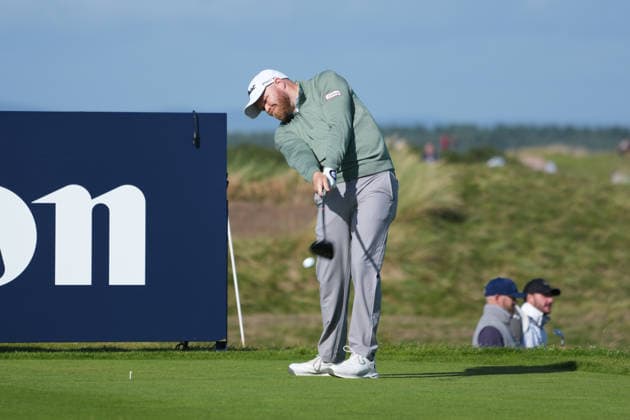 RECORD DATE NOT STATED 1st October 2026; Old Course at St Andrews, Mount Melville, Scotland; DP World Tour Golf, Alfred Dunhill Links Championship, Day 1; Nathan Kimsey plays his tee shot on the 16th hole AlecxBrown