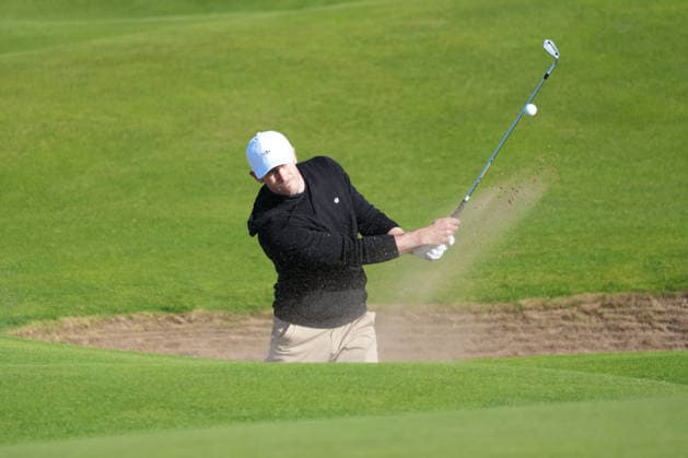 RECORD DATE NOT STATED 1st October 2026; Old Course at St Andrews, Mount Melville, Scotland; DP World Tour Golf, Alfred Dunhill Links Championship, Day 1; Gareth Bale plays out of a greenside bunker on the 15th hole AlecxBrown