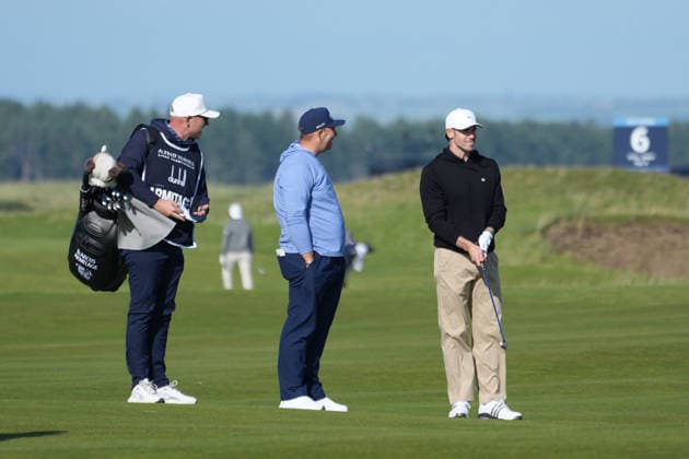 RECORD DATE NOT STATED 1st October 2026; Old Course at St Andrews, Mount Melville, Scotland; DP World Tour Golf, Alfred Dunhill Links Championship, Day 1; Marcus Armitage talks to his playing partner Gareth Bale on the 15th hole AlecxBrown