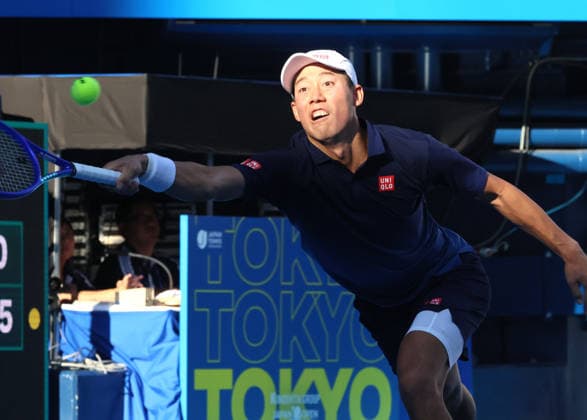 October 1, 2026, Tokyo, Japan - Japan s Kei Nishikori returns the ball against Frances Tiafoe of the United States during the first round match of the Japan Open tennis championship at the Ariake Colosseum in Tokyo on Thursday, October 1, 2026. (photo by Yoshio Tsunoda AFLO) Noxthirdxpartyxsales  aflo_352374055 YoshioxTsunodax